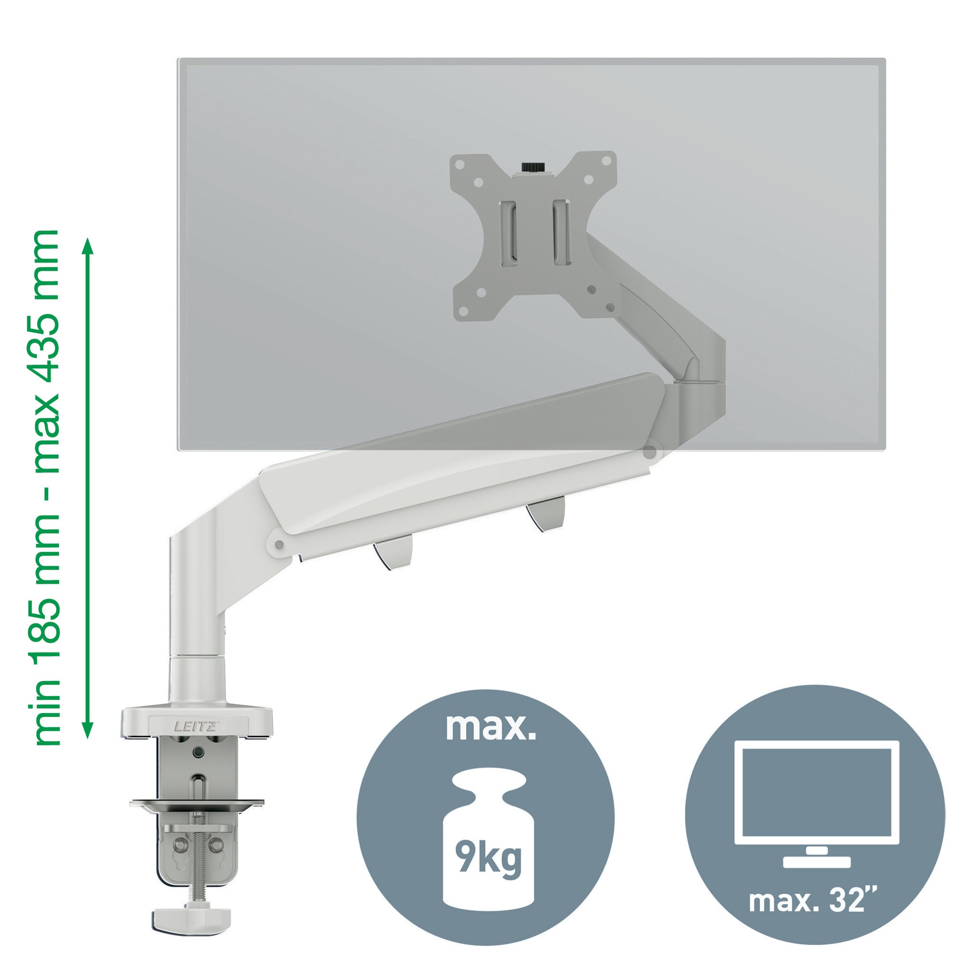 Leitz Ergo 64890085 – Monitorarm, Tischklemme/Tischdurchführung, bis 32", VESA 75 × 75/100 × 100 mm, 9 kg