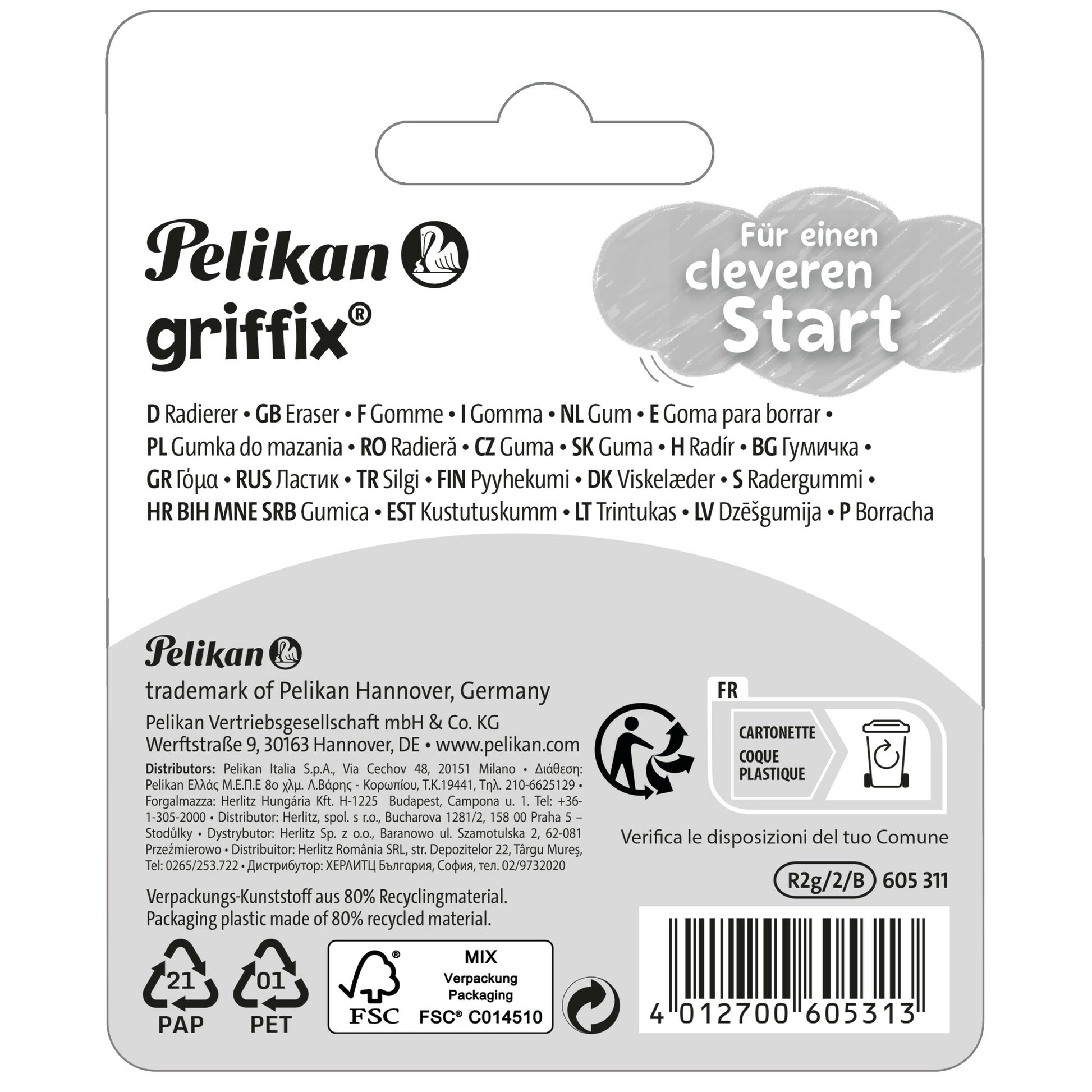 Pelikan Radierstift Griffix 605311 – Dreikantgriff, präzise & abgerundete Spitze, weiss & blau, 2 Stk.