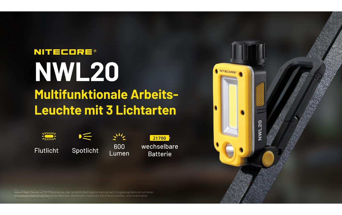 Nitecore Arbeitsleuchte NWL20 – 600 lm, Akku 5000 mAh, 93 m Leuchtweite, Max. Laufzeit 78 h, IPX5
