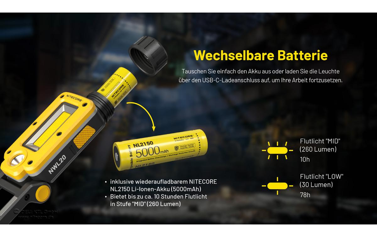 Nitecore Arbeitsleuchte NWL20 – 600 lm, Akku 5000 mAh, 93 m Leuchtweite, Max. Laufzeit 78 h, IPX5