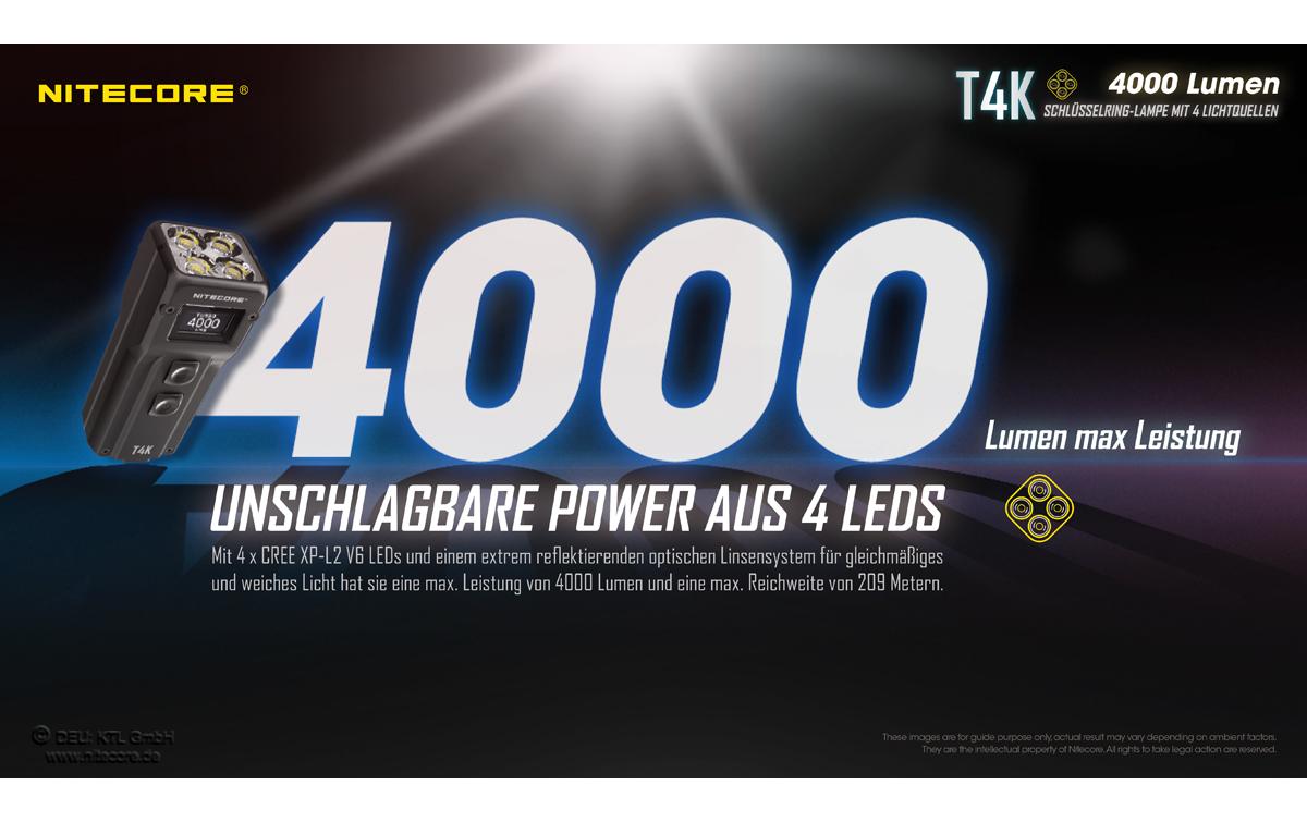 Nitecore Taschenlampe T4K – 4000 lm, 209 m, IP54, USB, 5 Stufen – Schwarz