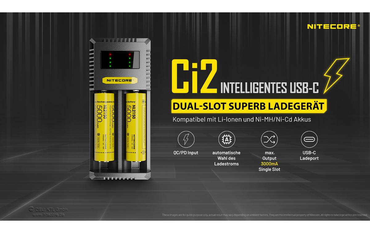 Nitecore Ci2 Ladegerät 2× – für Li-Ion, NiMH, NiCd (inklusive 18650, 21700, 26650) – USB-C 3 A