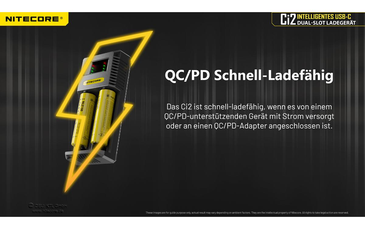 Nitecore Ci2 Ladegerät 2× – für Li-Ion, NiMH, NiCd (inklusive 18650, 21700, 26650) – USB-C 3 A