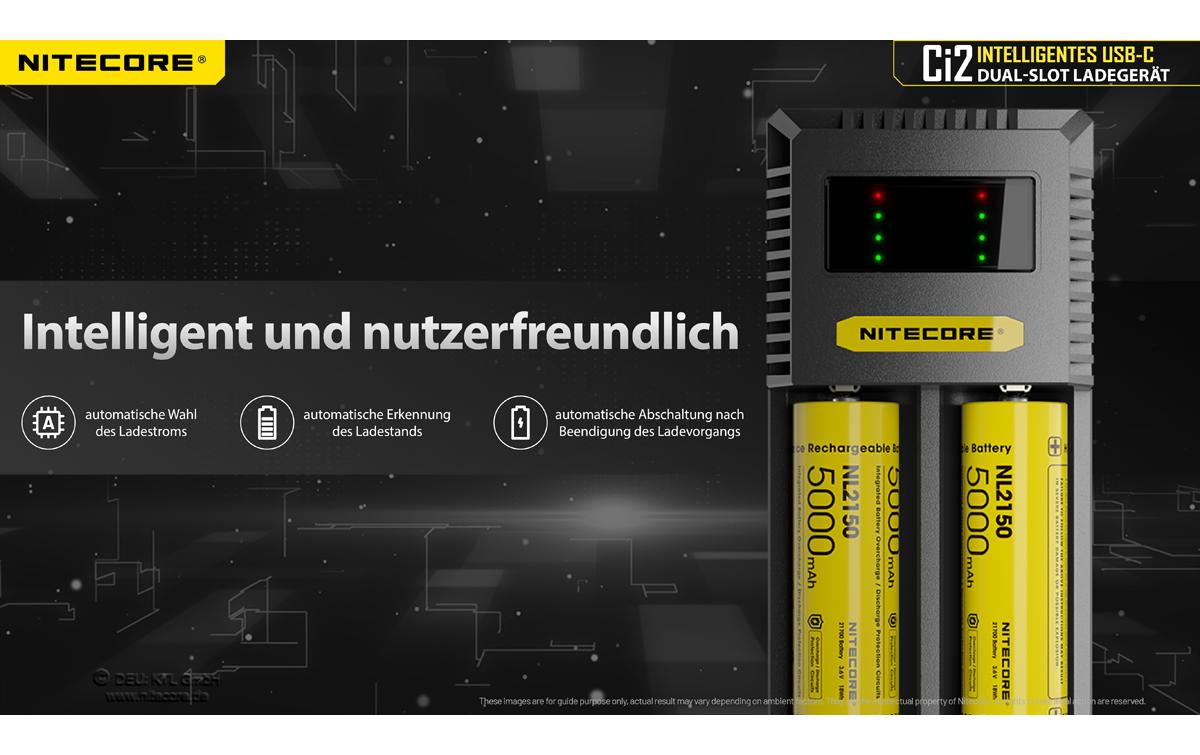 Nitecore Ci2 Ladegerät 2× – für Li-Ion, NiMH, NiCd (inklusive 18650, 21700, 26650) – USB-C 3 A