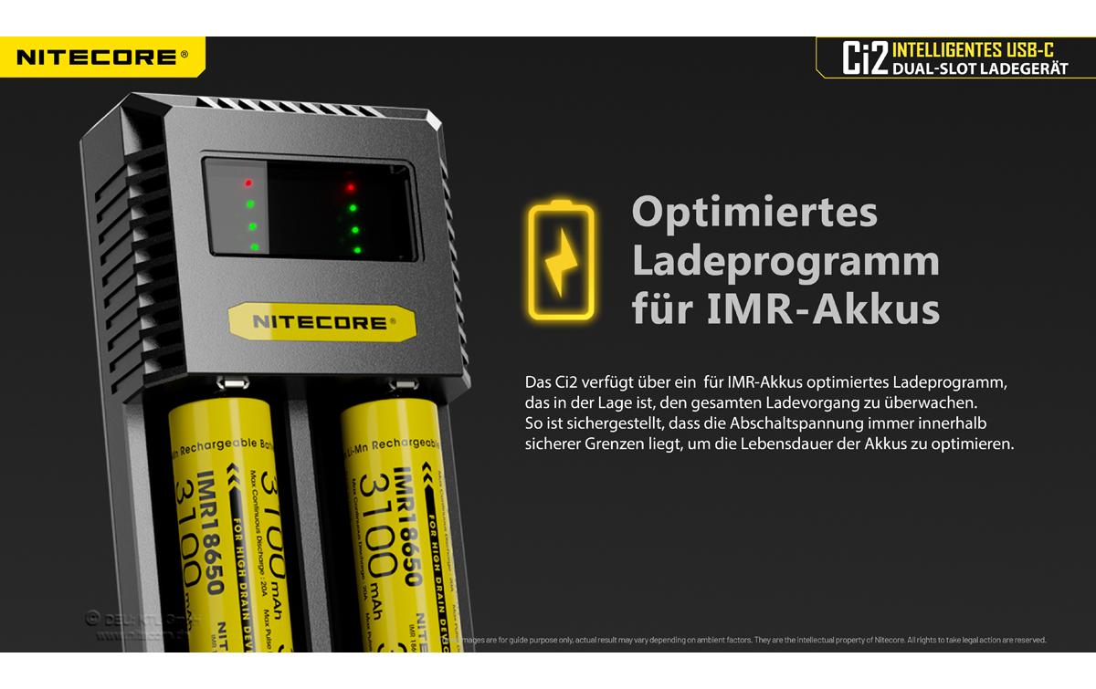 Nitecore Ci2 Ladegerät 2× – für Li-Ion, NiMH, NiCd (inklusive 18650, 21700, 26650) – USB-C 3 A