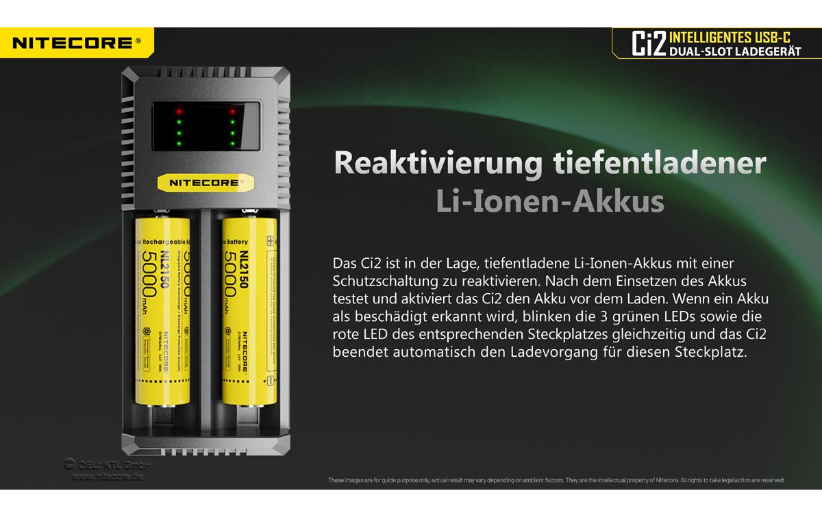 Nitecore Ci2 Ladegerät 2× – für Li-Ion, NiMH, NiCd (inklusive 18650, 21700, 26650) – USB-C 3 A