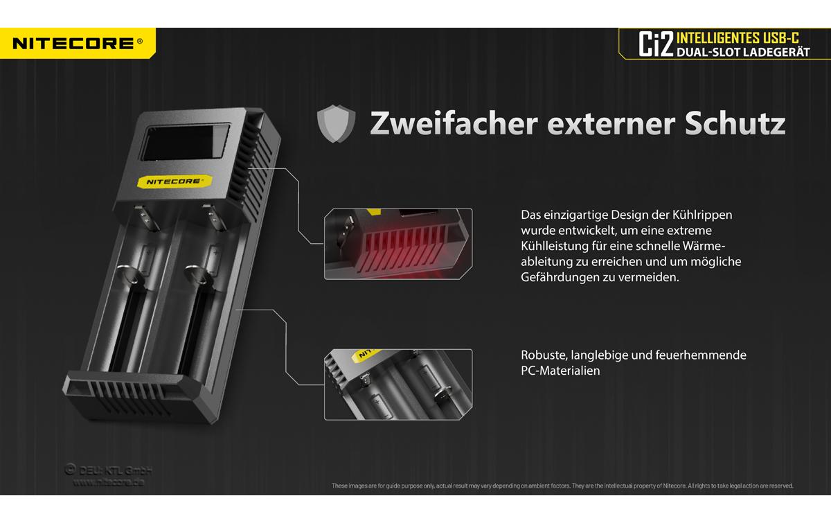 Nitecore Ci2 Ladegerät 2× – für Li-Ion, NiMH, NiCd (inklusive 18650, 21700, 26650) – USB-C 3 A
