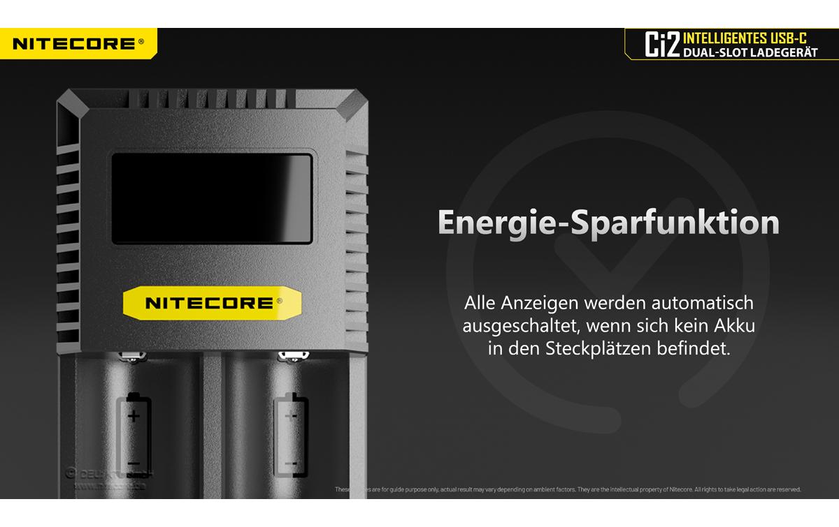 Nitecore Ci2 Ladegerät 2× – für Li-Ion, NiMH, NiCd (inklusive 18650, 21700, 26650) – USB-C 3 A
