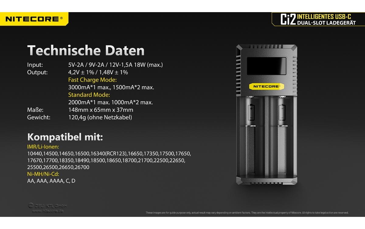Nitecore Ci2 Ladegerät 2× – für Li-Ion, NiMH, NiCd (inklusive 18650, 21700, 26650) – USB-C 3 A