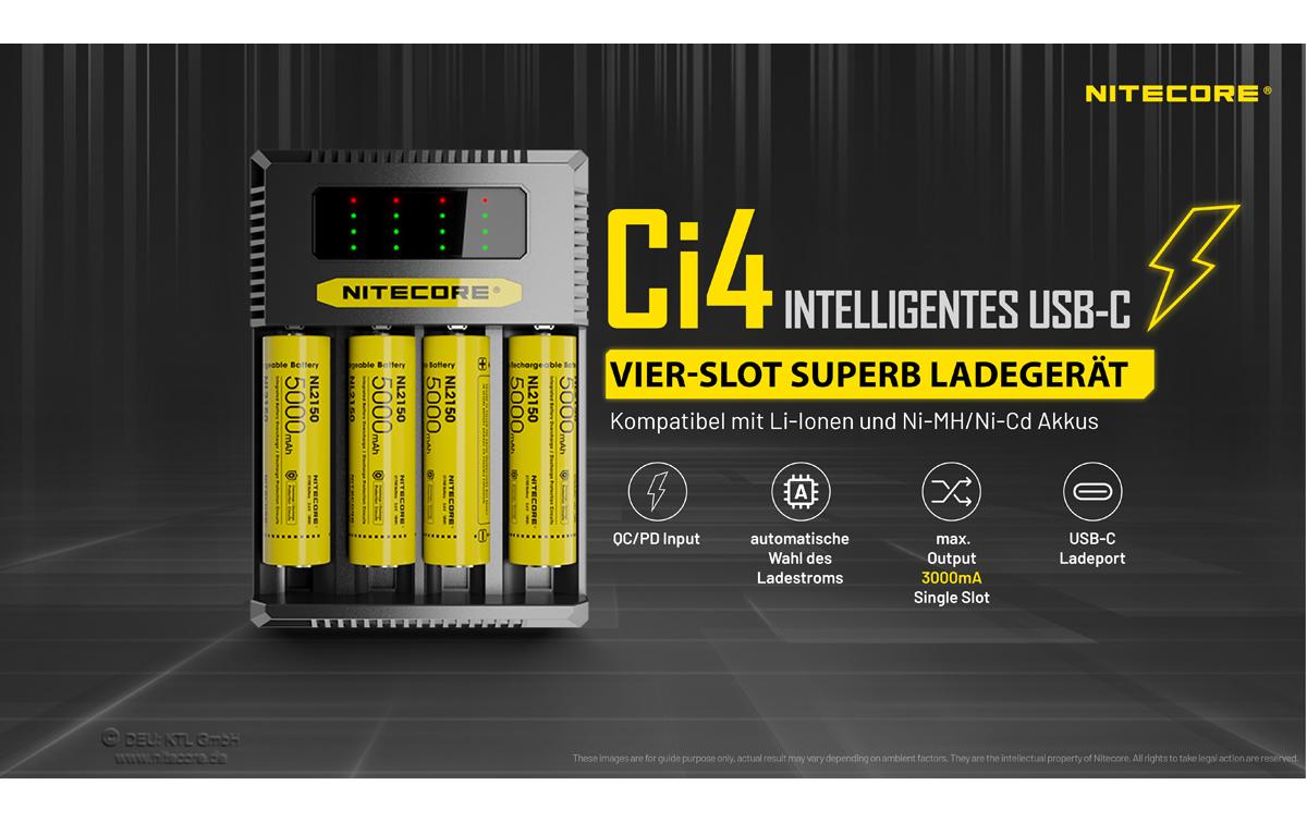 Nitecore Ci4 Multi-Bay-Ladegerät 4× – USB-C, 3 A Ladestrom – für Li-Ion, NiMH, NiCd (AA–D, 26700)