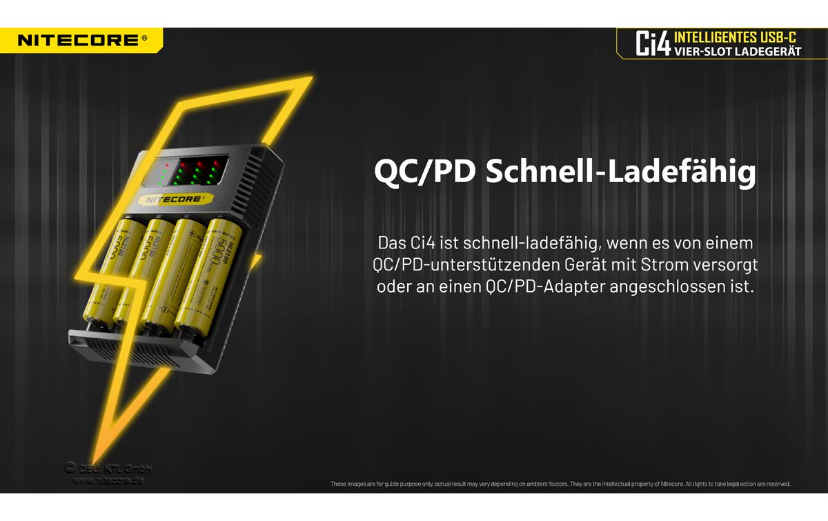 Nitecore Ci4 Multi-Bay-Ladegerät 4× – USB-C, 3 A Ladestrom – für Li-Ion, NiMH, NiCd (AA–D, 26700)