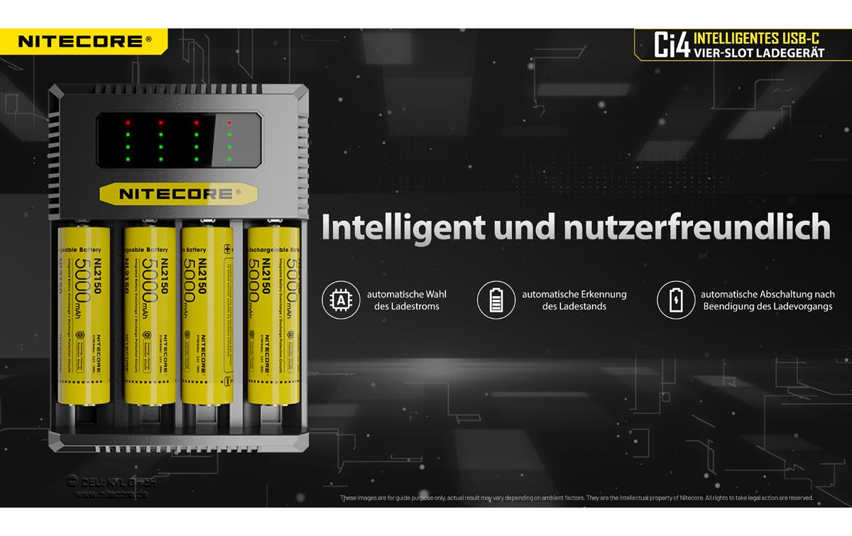 Nitecore Ci4 Multi-Bay-Ladegerät 4× – USB-C, 3 A Ladestrom – für Li-Ion, NiMH, NiCd (AA–D, 26700)
