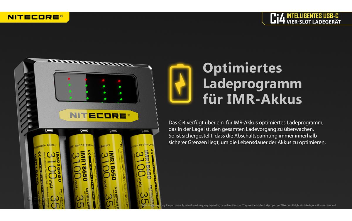 Nitecore Ci4 Multi-Bay-Ladegerät 4× – USB-C, 3 A Ladestrom – für Li-Ion, NiMH, NiCd (AA–D, 26700)
