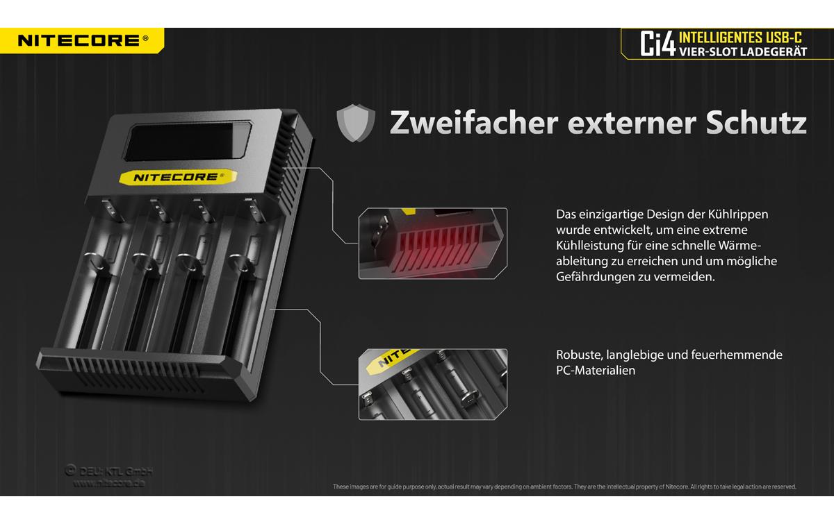 Nitecore Ci4 Multi-Bay-Ladegerät 4× – USB-C, 3 A Ladestrom – für Li-Ion, NiMH, NiCd (AA–D, 26700)