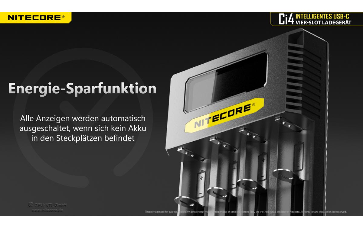 Nitecore Ci4 Multi-Bay-Ladegerät 4× – USB-C, 3 A Ladestrom – für Li-Ion, NiMH, NiCd (AA–D, 26700)