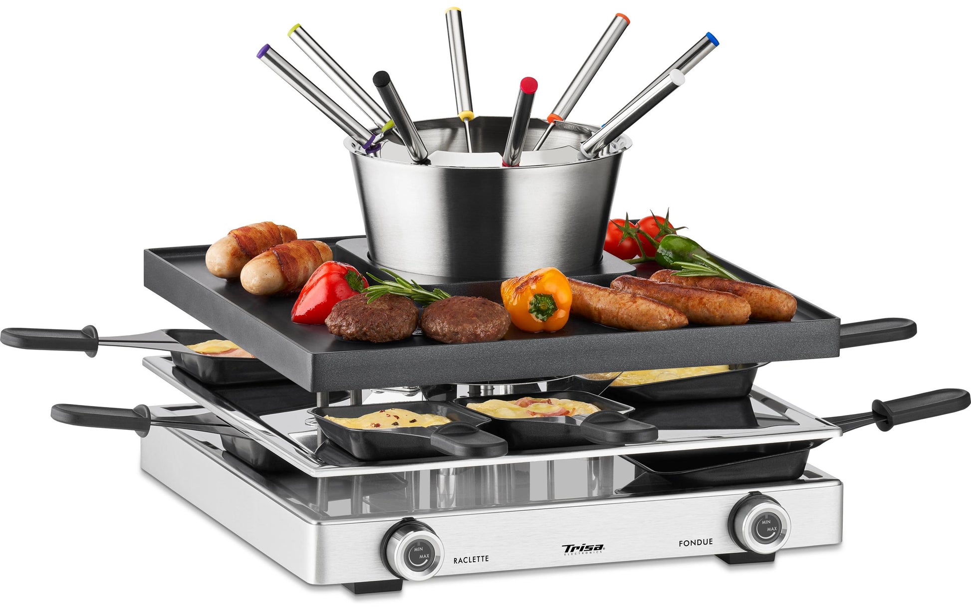Trisa Electronics Trisa Raclette-Grill Fusion – 8 Personen, 1750 W, Aluguss, 8 Pfännchen – Schwarz/Silber