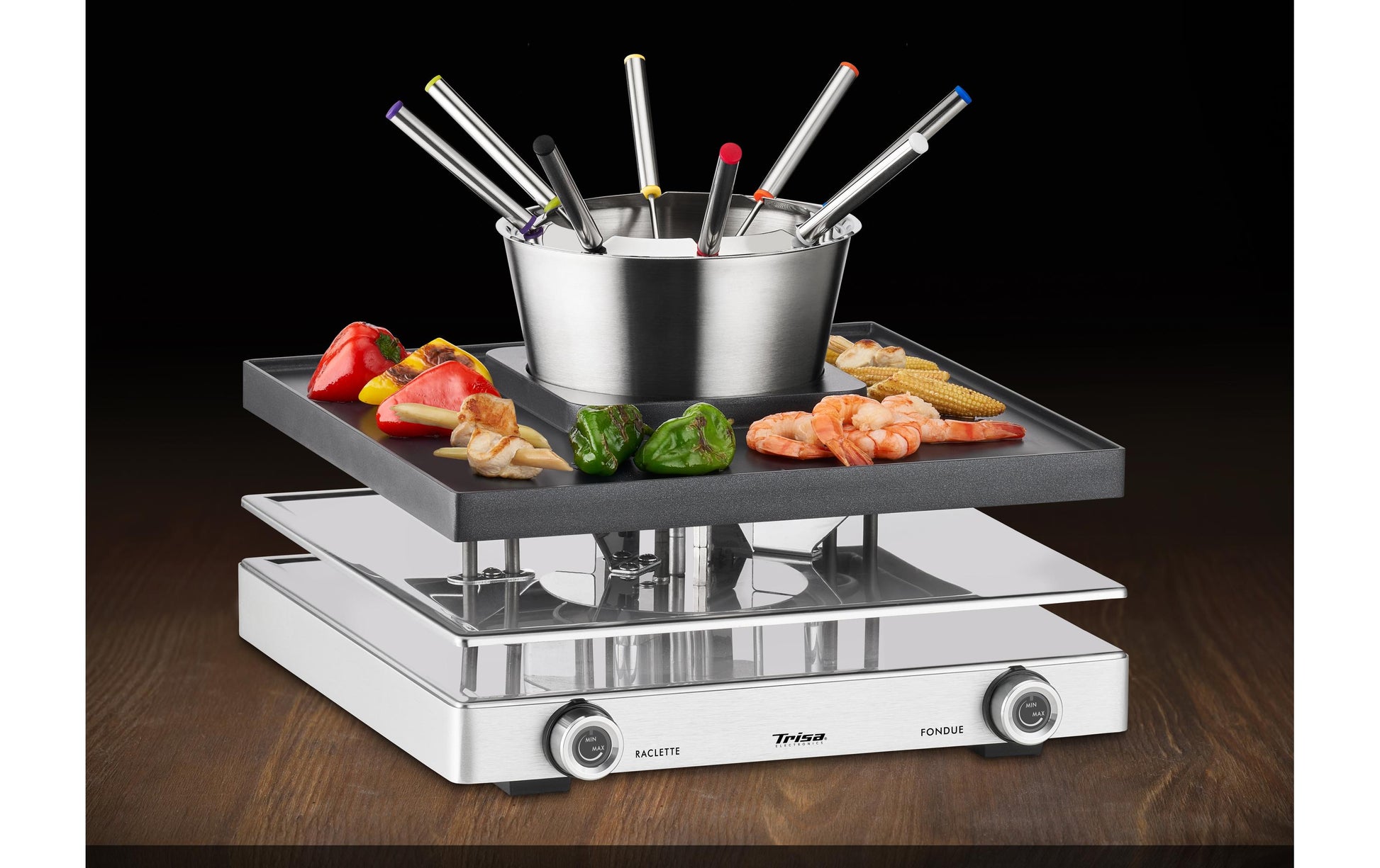 Trisa Electronics Trisa Raclette-Grill Fusion – 8 Personen, 1750 W, Aluguss, 8 Pfännchen – Schwarz/Silber
