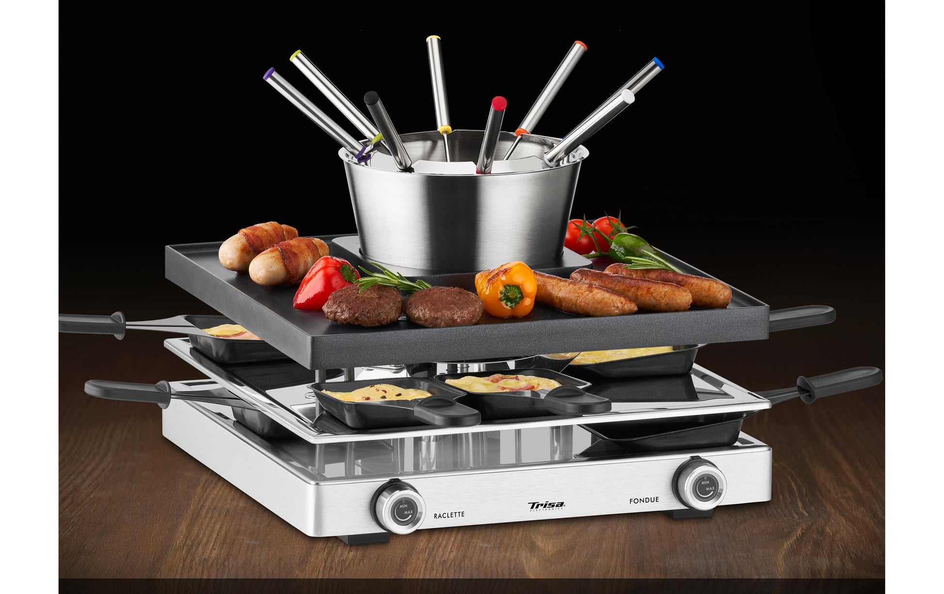 Trisa Electronics Trisa Raclette-Grill Fusion – 8 Personen, 1750 W, Aluguss, 8 Pfännchen – Schwarz/Silber