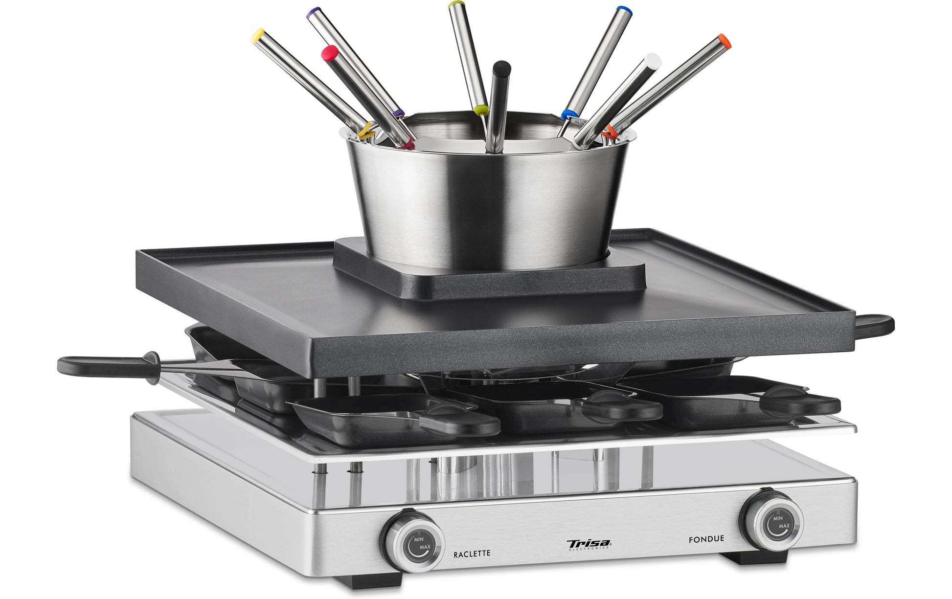 Trisa Electronics Trisa Raclette-Grill Fusion – 8 Personen, 1750 W, Aluguss, 8 Pfännchen – Schwarz/Silber