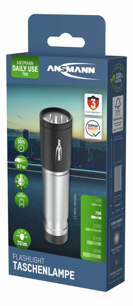 Ansmann Taschenlampe Daily Use 70B – 70 lm, 67 m, IPX4, Batteriebetrieb (AA) – Silber