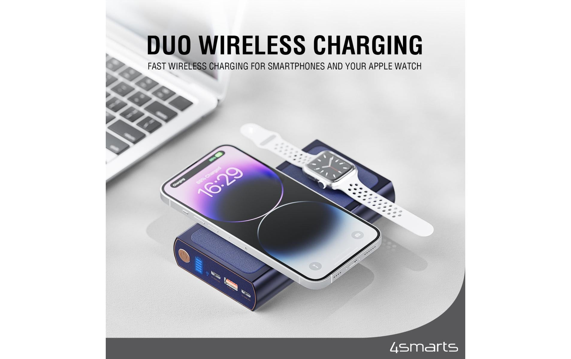 4smarts Powerbank 24000 mAh, PD 100 W, 2× USB-C, 1× USB-A, kabelloses Laden, Durchgangsladung, blau