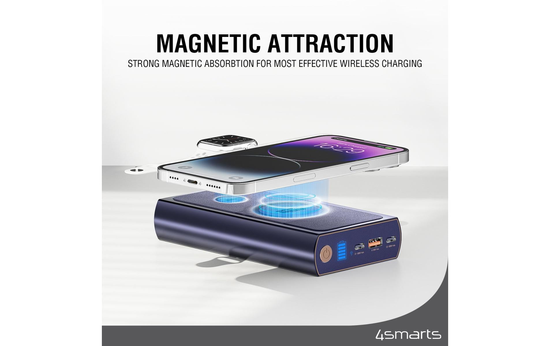 4smarts Powerbank 24000 mAh, PD 100 W, 2× USB-C, 1× USB-A, kabelloses Laden, Durchgangsladung, blau