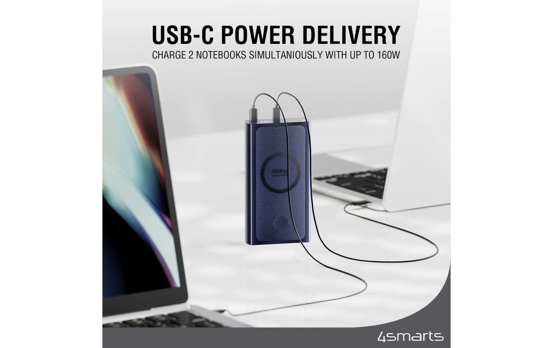 4smarts Powerbank 24000 mAh, PD 100 W, 2× USB-C, 1× USB-A, kabelloses Laden, Durchgangsladung, blau