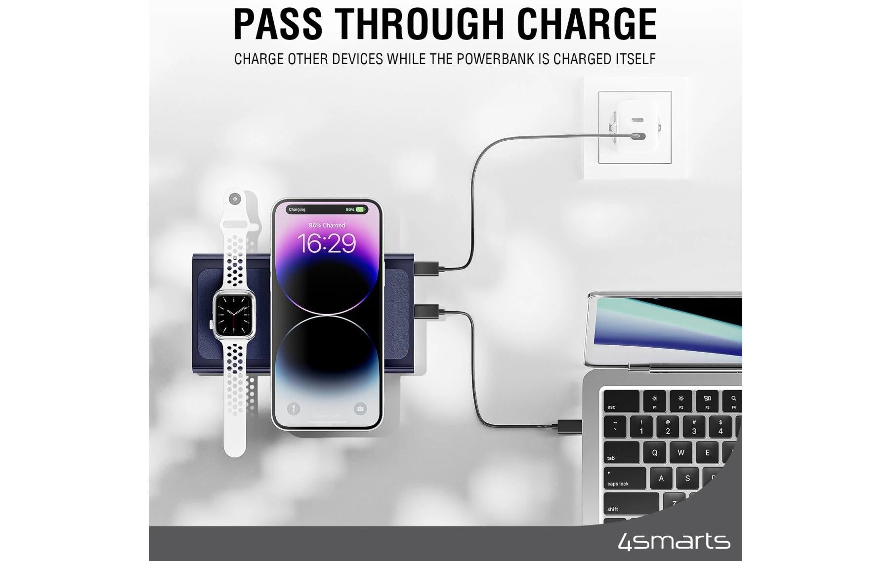 4smarts Powerbank 24000 mAh, PD 100 W, 2× USB-C, 1× USB-A, kabelloses Laden, Durchgangsladung, blau
