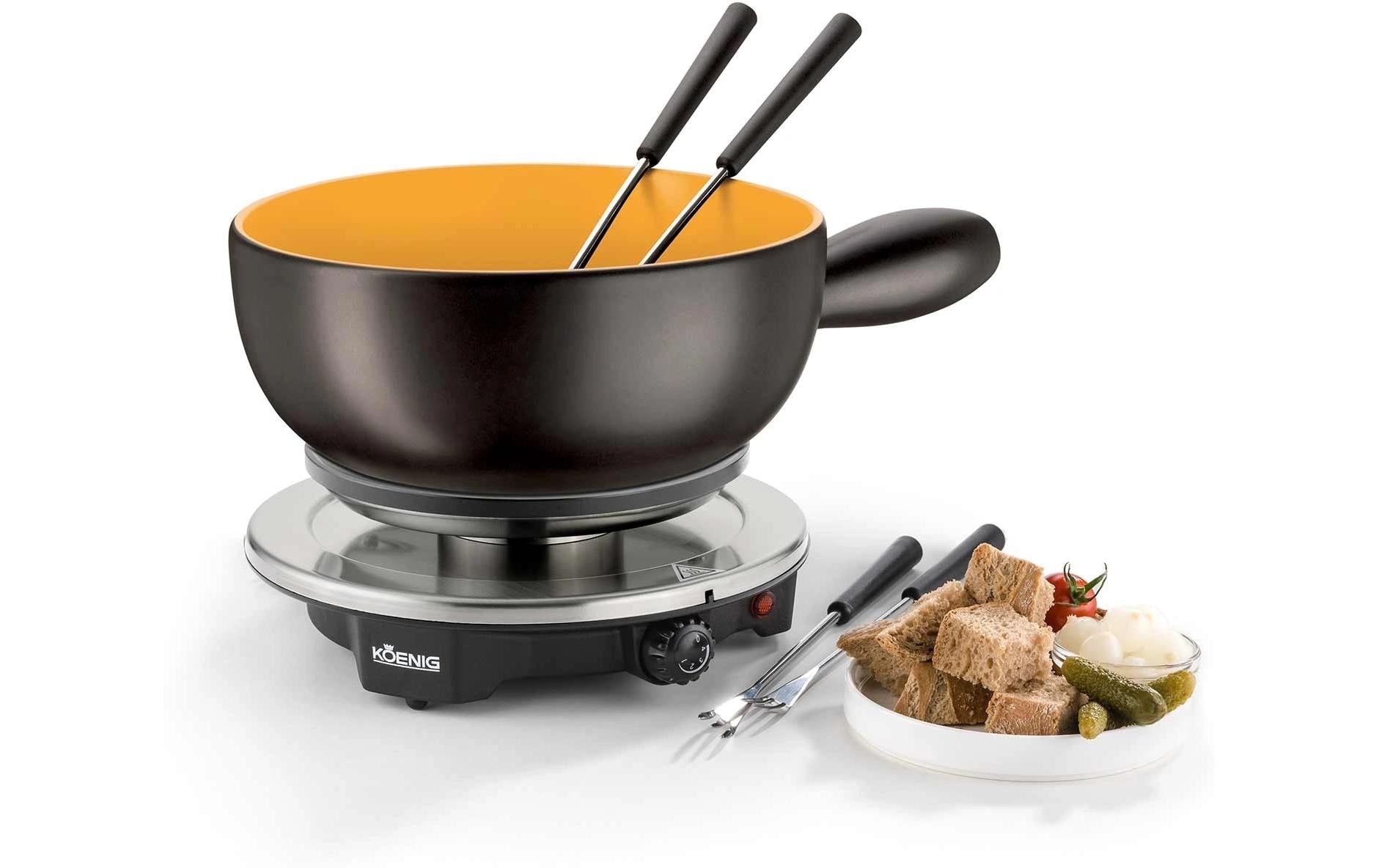 Koenig Fondue-Set B02179 – Steingut, 2 l, 6 Gabeln, elektrisch – Anthrazit/Goldgelb