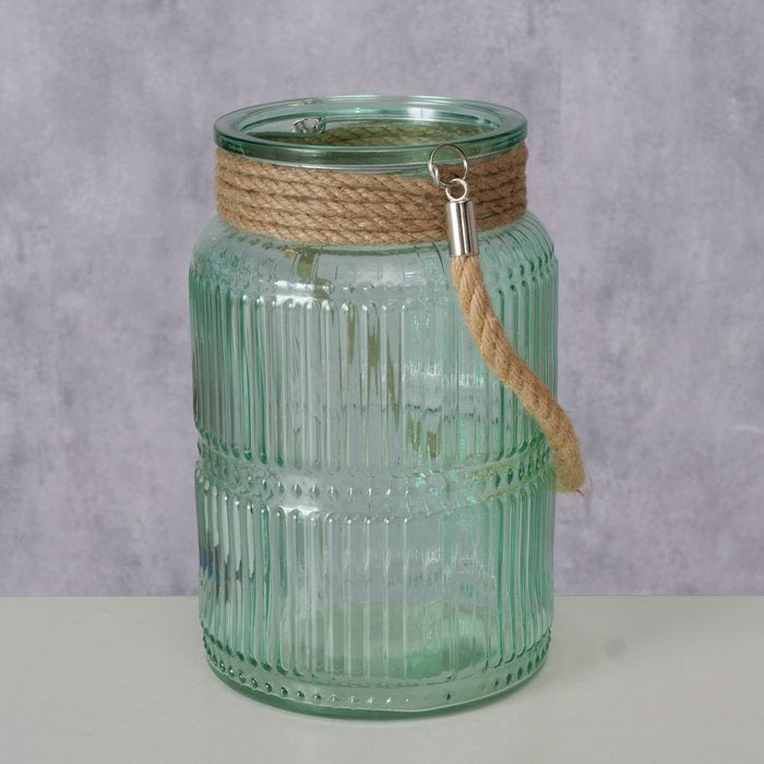 Boltze Windlicht – Glas & Jute & Textil, grün – Ø 13,5 × 21 cm
