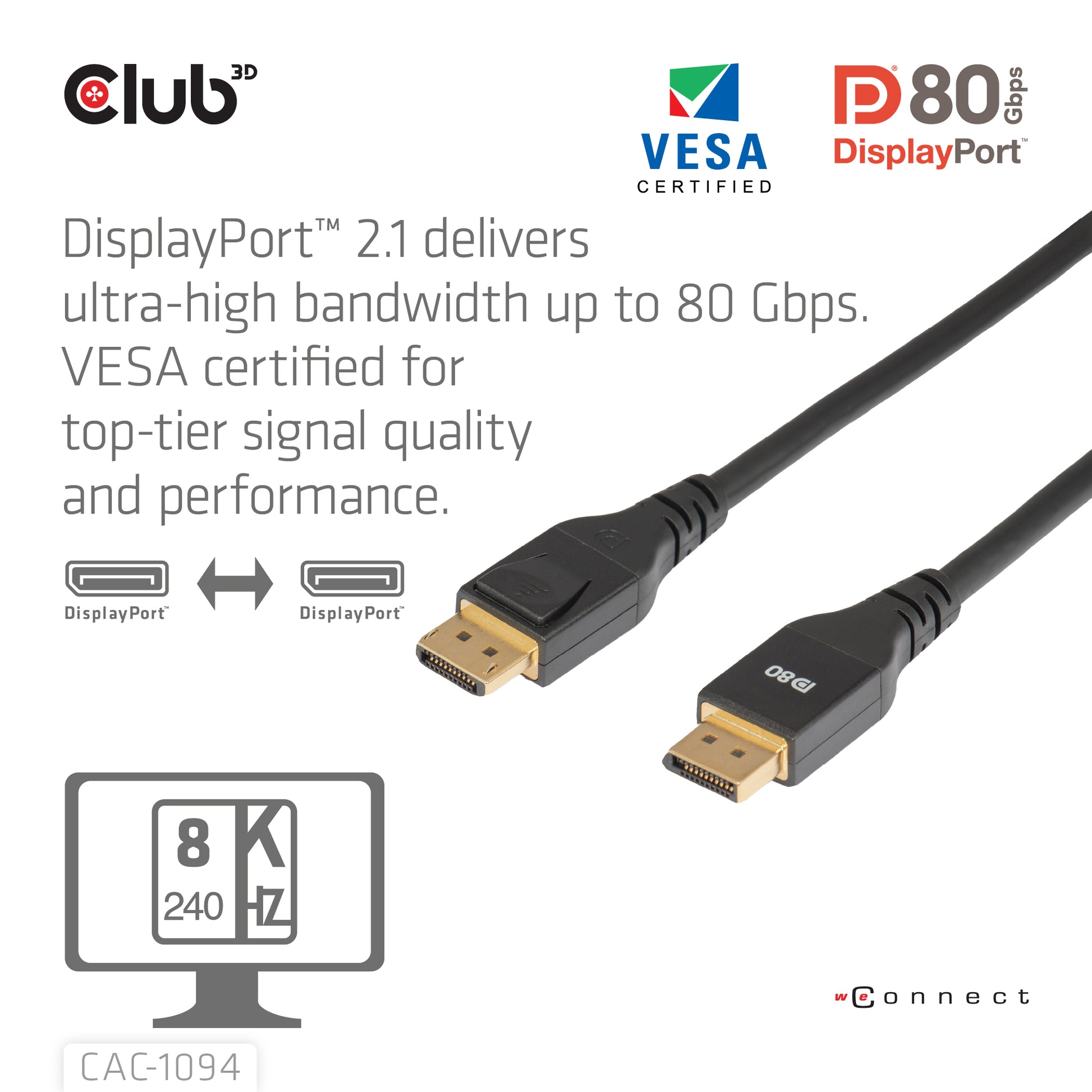 CLUB3D DisplayPort Kabel DP 2.1 – 8K 240 Hz – 2 m