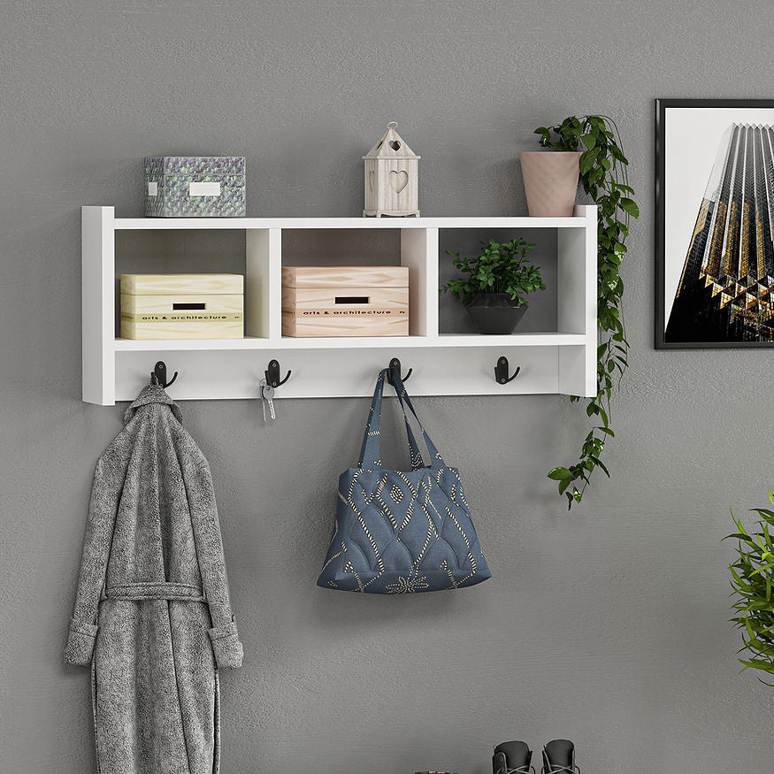 Woody Fashion Wandgarderobe – 4 Haken, Spanplatte, Weiss, 75,6 × 22 × 35 cm