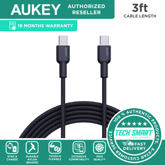 AUKEY USB-C auf USB-C Kabel – USB 3.2 Gen 1 (5 Gbit/s) – 1 m – PD 60 W – Geflochten – Schwarz