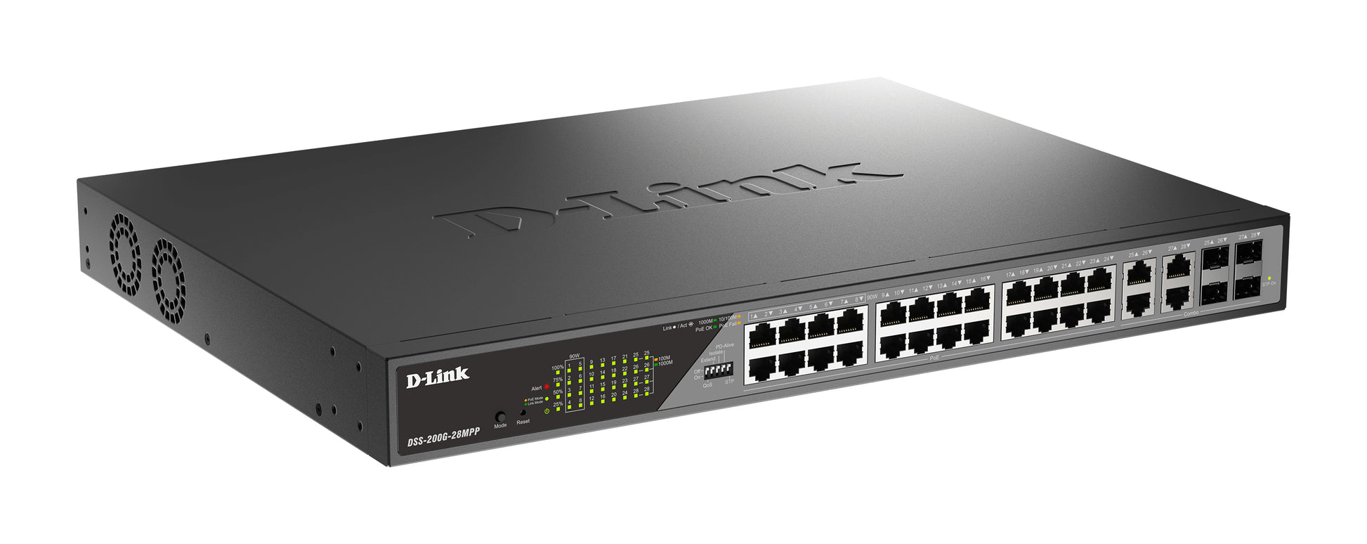D-Link DSS-200G-28MP/E – Managed L2 Switch – 24× 1G, 4× SFP, PoE, PoE-Budget 370 W, 19", 1U