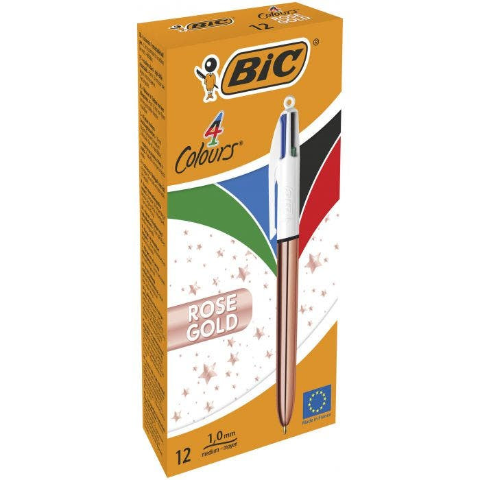 BIC Multifunktions-Kugelschreiber – 4 Farben (Schwarz/Blau/Grün), Spitze 1 mm, Druck, Roségold, nachfüllbar
