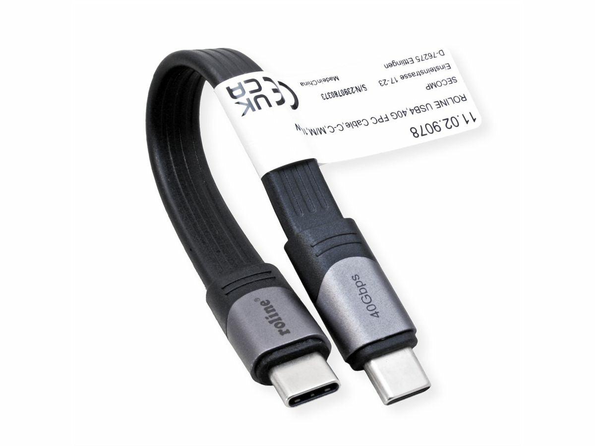 ROLINE USB-C auf USB-C Kabel – USB4 40 Gbit/s – 0,15 m – PD 100 W – 8K/60 – Flachkabel – Schwarz