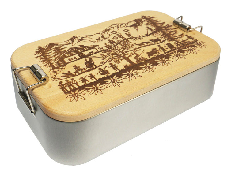Trendform Lunchbox Swiss Tradition – Holz (Buche) & Blech – Silber, Schweiz-Motiv – 11,5 × 6,5 × 19 cm
