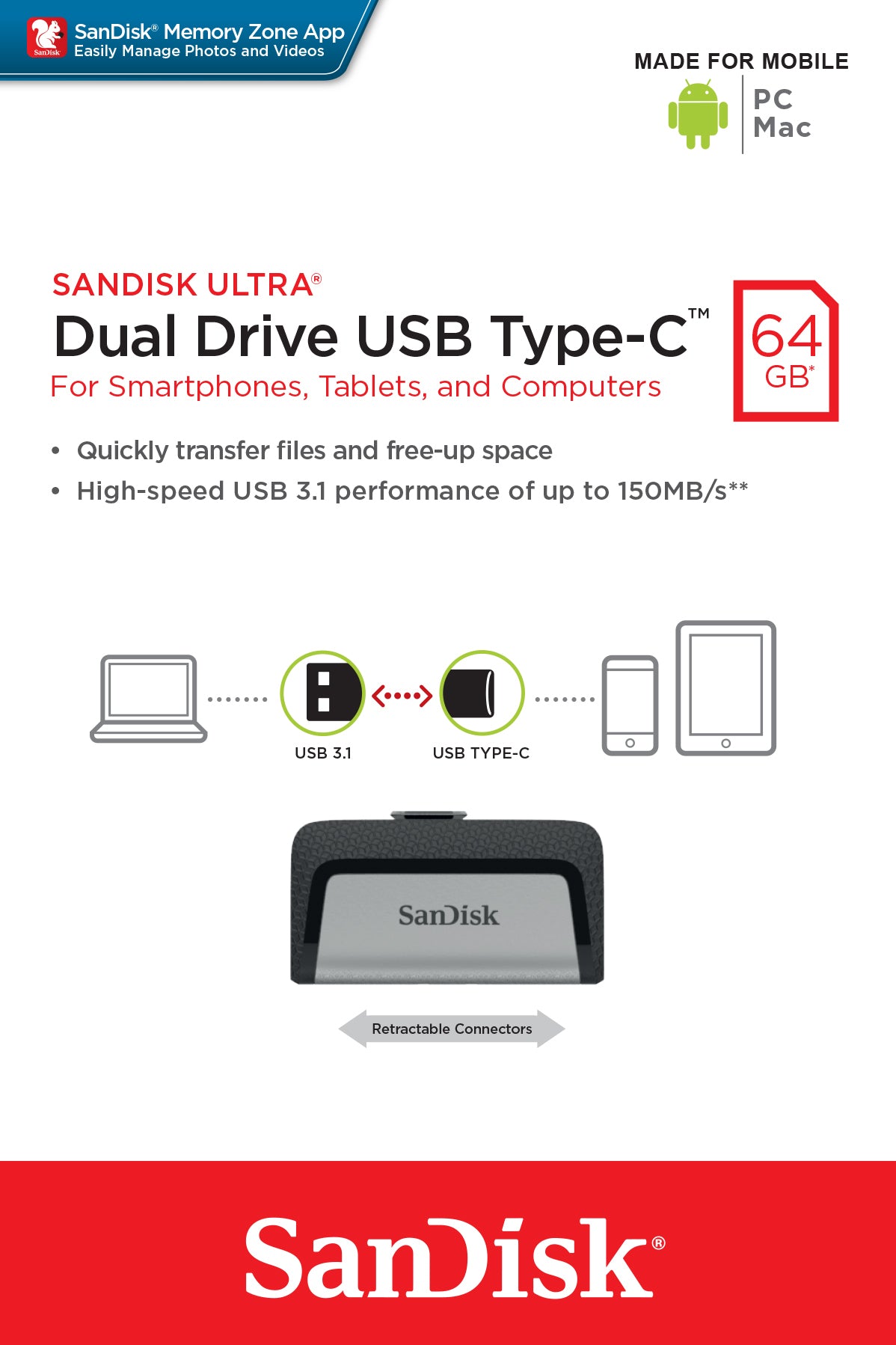 SanDisk Dual Drive USB-Stick – 64 GB, USB-C