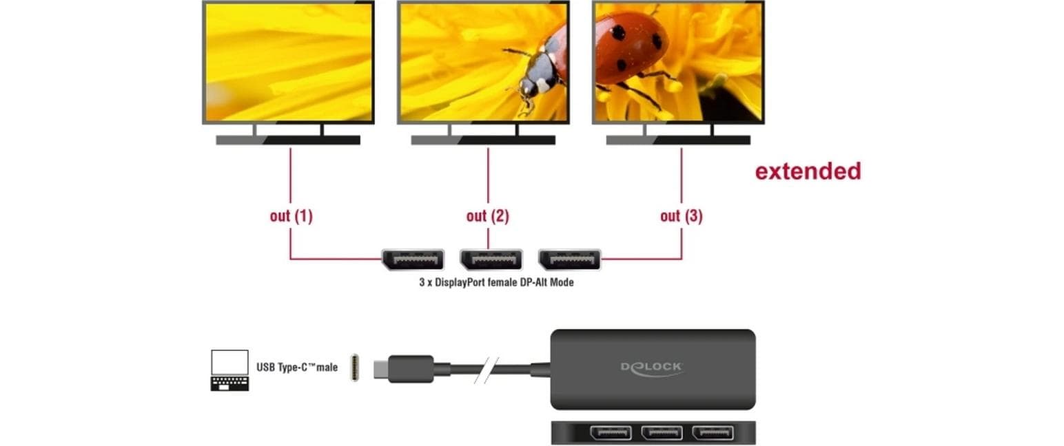 DeLOCK Multi-Monitor-Adapter USB-C zu 3× DisplayPort – 4K (3840 × 2160) @ 60 Hz, 0,15 m, DisplayPort 1.4