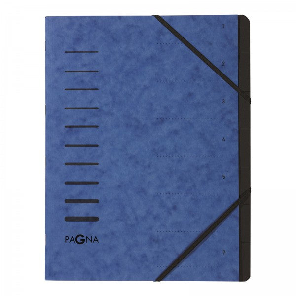 Pagna Fächermappe A4 – 7 Fächer, Gummiband, Karton, Blau, Griffregister, 2 Sichtlöcher