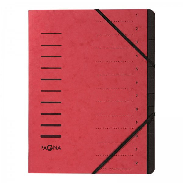 Pagna Fächermappe A4 – 12 Fächer, Gummiband, Karton, Rot