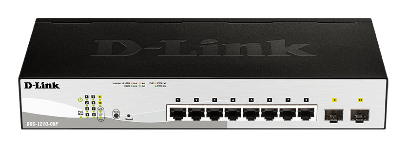 D-Link DGS-1210-08P/E – Verwalteter L2 Switch – 8× 1G, 2× SFP, PoE+, 19", 1U