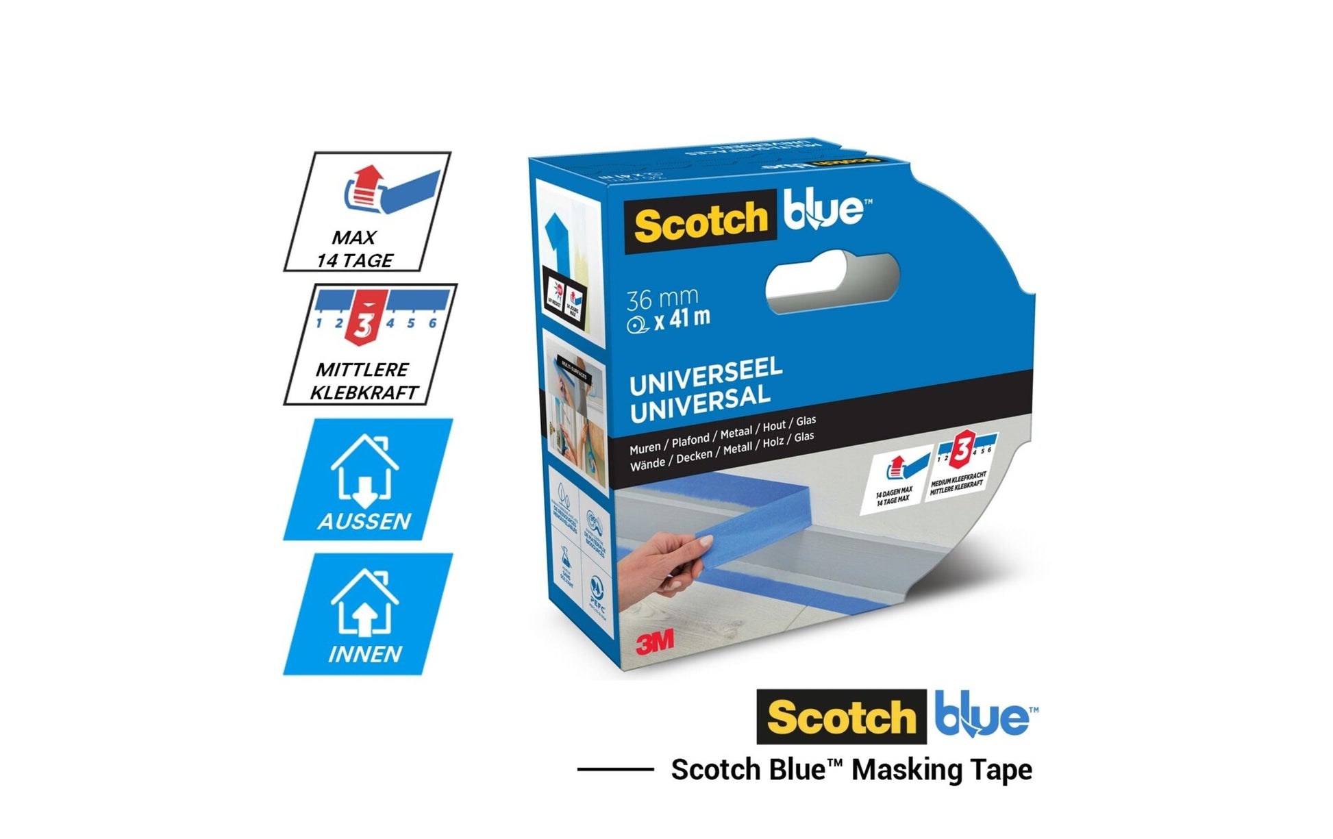 Scotch Malerband 2090, blau – 36 mm × 41 m, innen/aussen, UV-beständig, rückstandsfrei bis 14 Tage