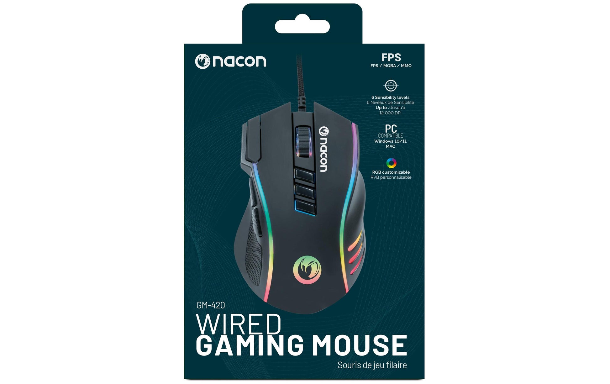 NACON GM-420 – Gaming-Maus – Kabelgebunden (USB-A), 12000 DPI, RGB-Beleuchtung, rechts, Schwarz