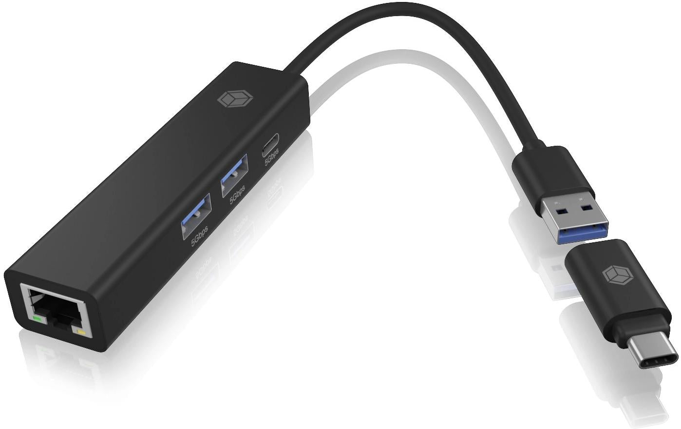 ICY BOX IB-1439-LAN USB-Hub – USB-A, 2× USB-A, 1× USB-C, GbE, für Windows/Mac/ChromeOS