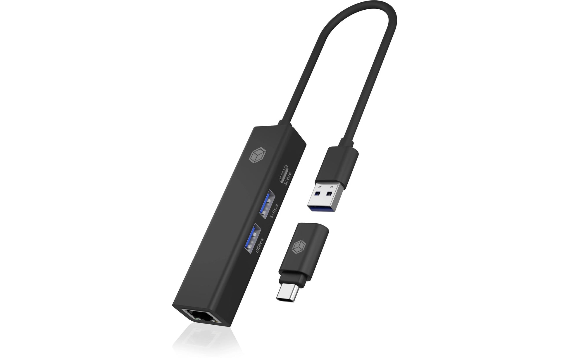 ICY BOX IB-1439-LAN USB-Hub – USB-A, 2× USB-A, 1× USB-C, GbE, für Windows/Mac/ChromeOS