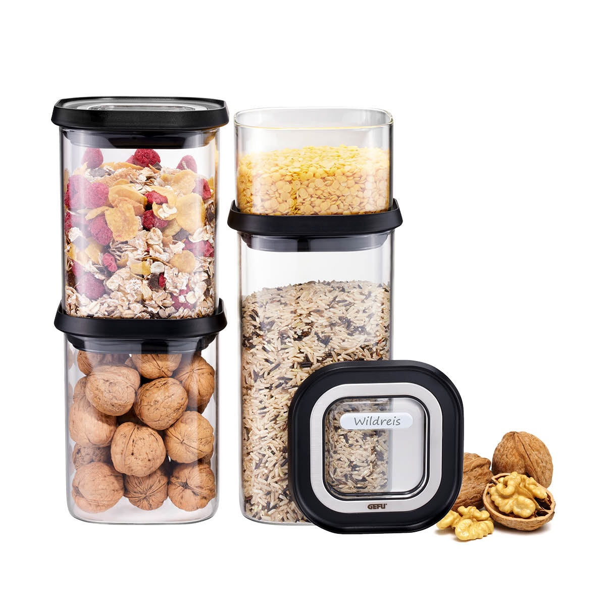 GEFU PANTRY – Vorratsdose 1,4 l, 2×900 ml, 400 ml, Glas/Kunststoff/Silikon, schwarz/transparent, 4-teilig