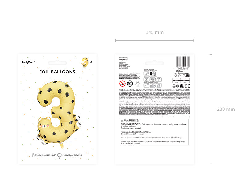 PartyDeco Folienballon Zahl 3 Gepard – Schwarz – 68 × 98 cm – 1 Stk