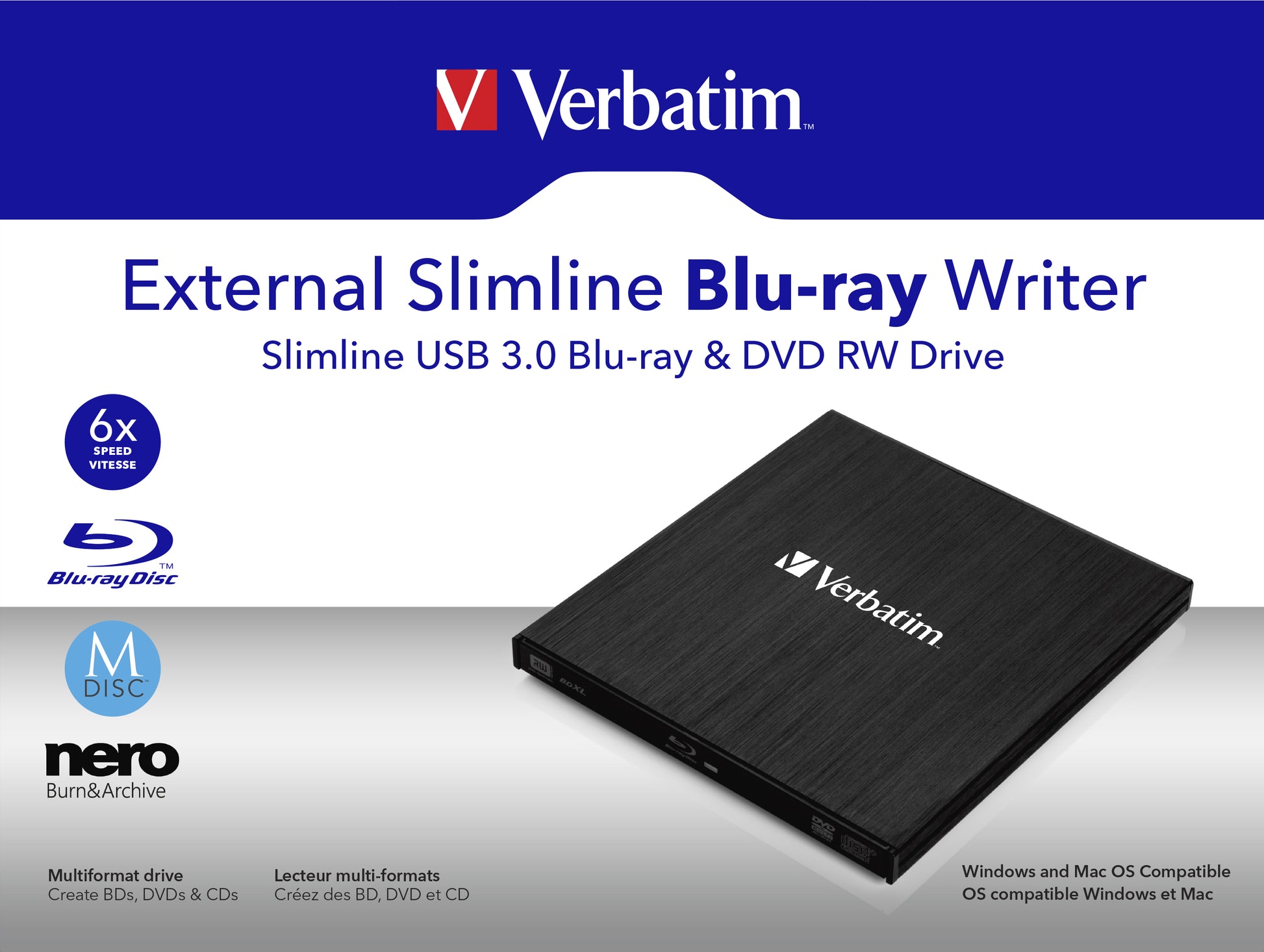Verbatim Slimline Blu-ray-Writer (extern, Slot-In) – für Desktop/Laptop, USB 3.2 Gen 1