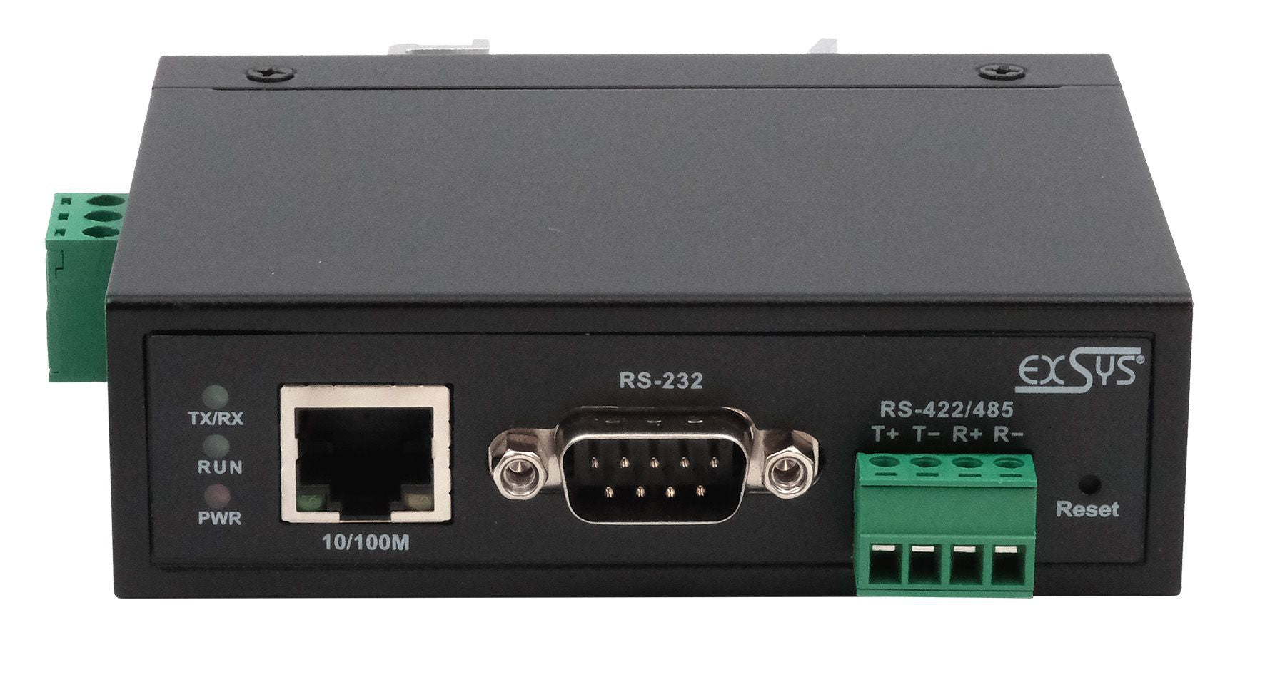 EXSYS EX-61001 RS-232 zu Ethernet Gateway – 1× RS-232/422/485, 10/100/1000 Mbit/s – Metall, DIN-Schiene